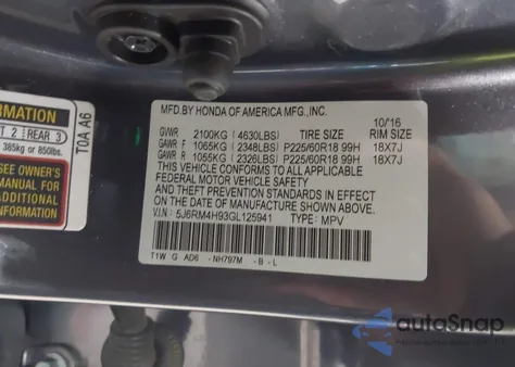 2016 Honda Cr-V Touring z USA, uszkodzony, nr VIN 5J6RM4H93GL125941